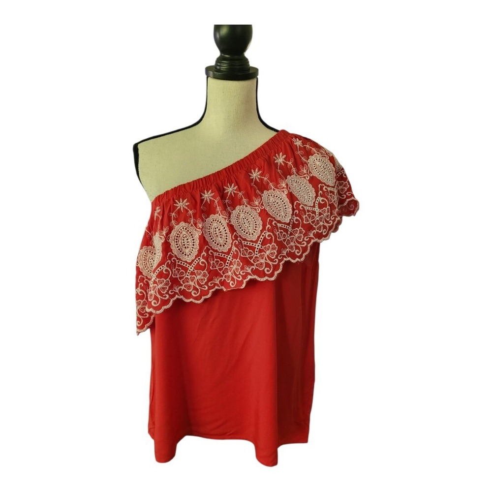 Maette Hannah One Shoulder Top Women L Embroidered Red White Boho Stella Dot New